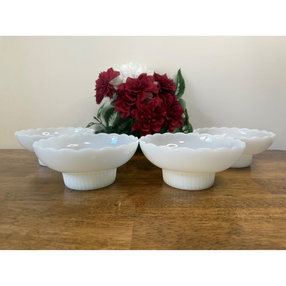 Vintage E.O. Brody Milk Glass Bowls Scalloped Edge‎ Pedestal Base Wedding Decor